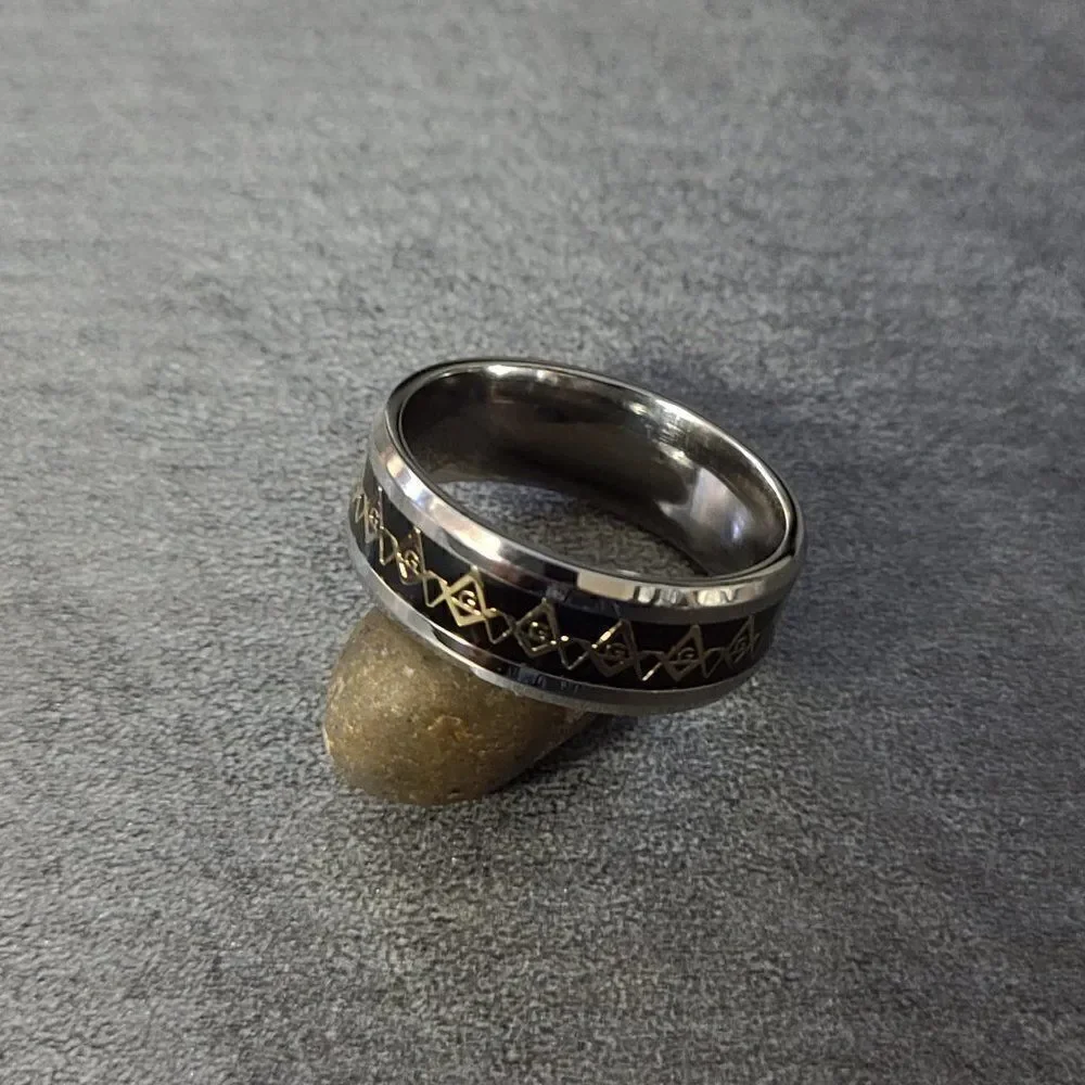 Masonic Compass Ring Engraved Personalized Black Gold Band - Freemason Ring